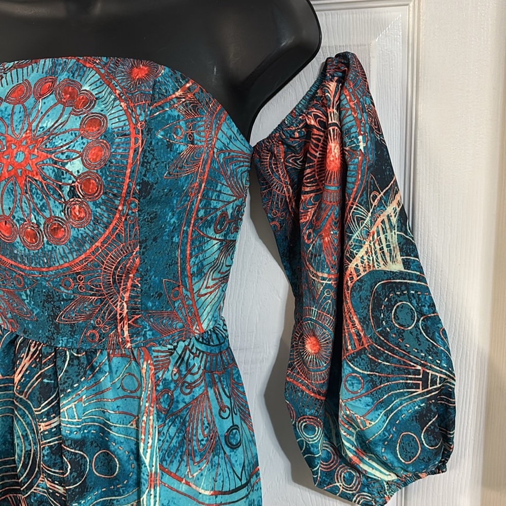 Cupshe teal blue & orange off the shoulder maxi dress, size small, NWT. - Picture 3 of 16